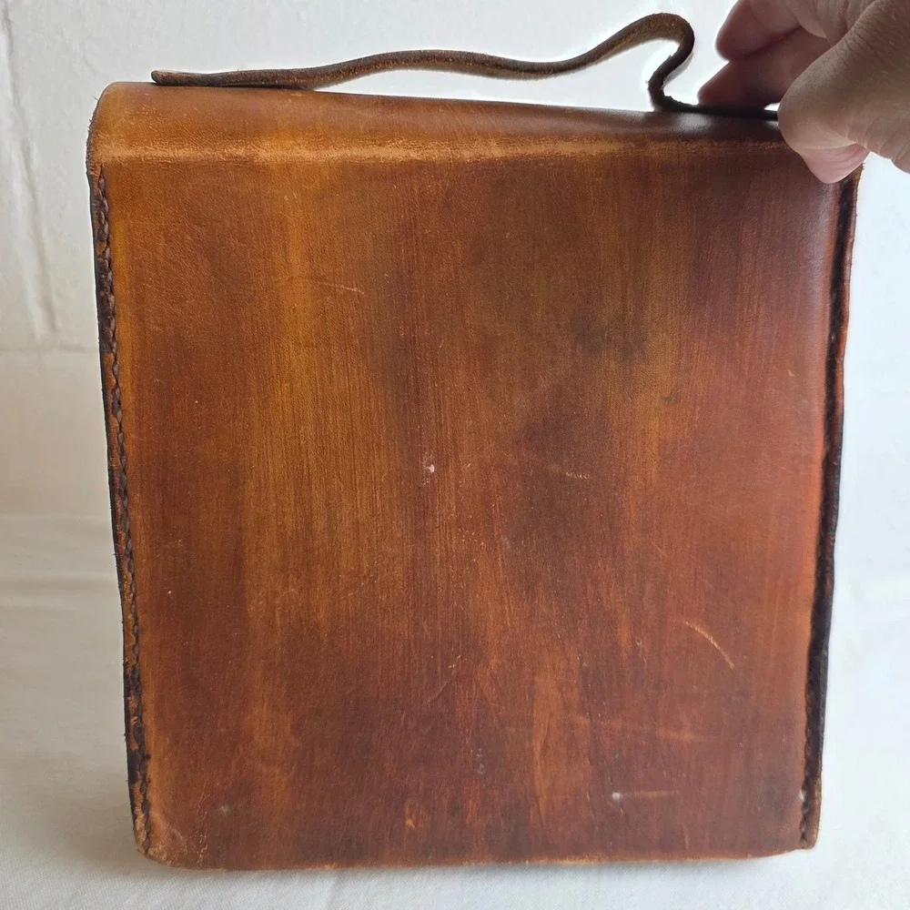 Vintage Handmade Leather Satchel Boxy Field Bag Cognac Brown Hand Stitched